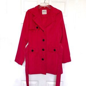 Esprit Lined short trench coat Women’s Large Red Belt Hooded Pockets Button Up